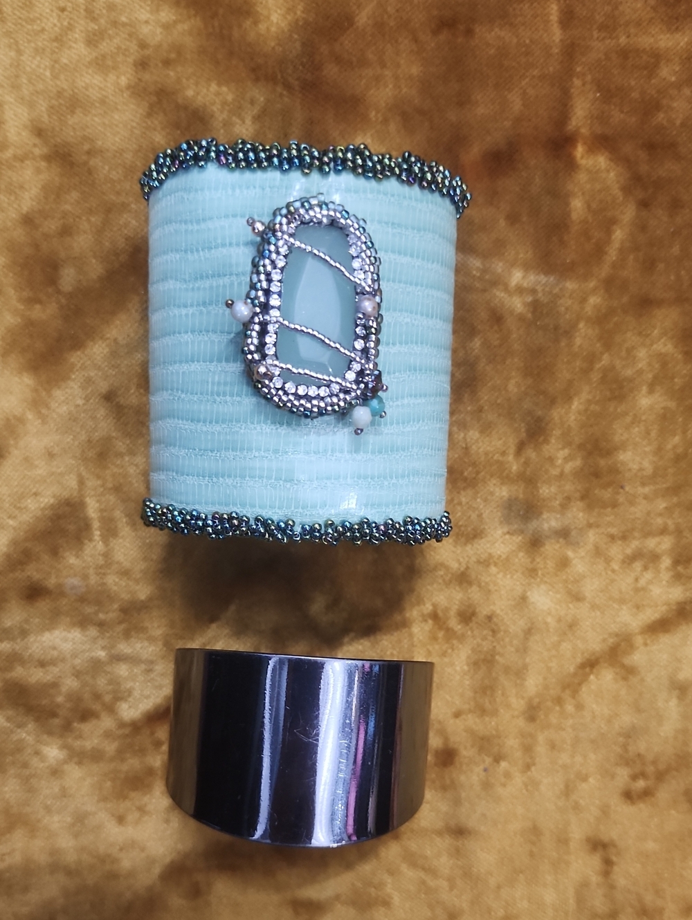 (2pc) Beaded Aqua Cuff Bracelet with Stone Accent - Women Jewelry